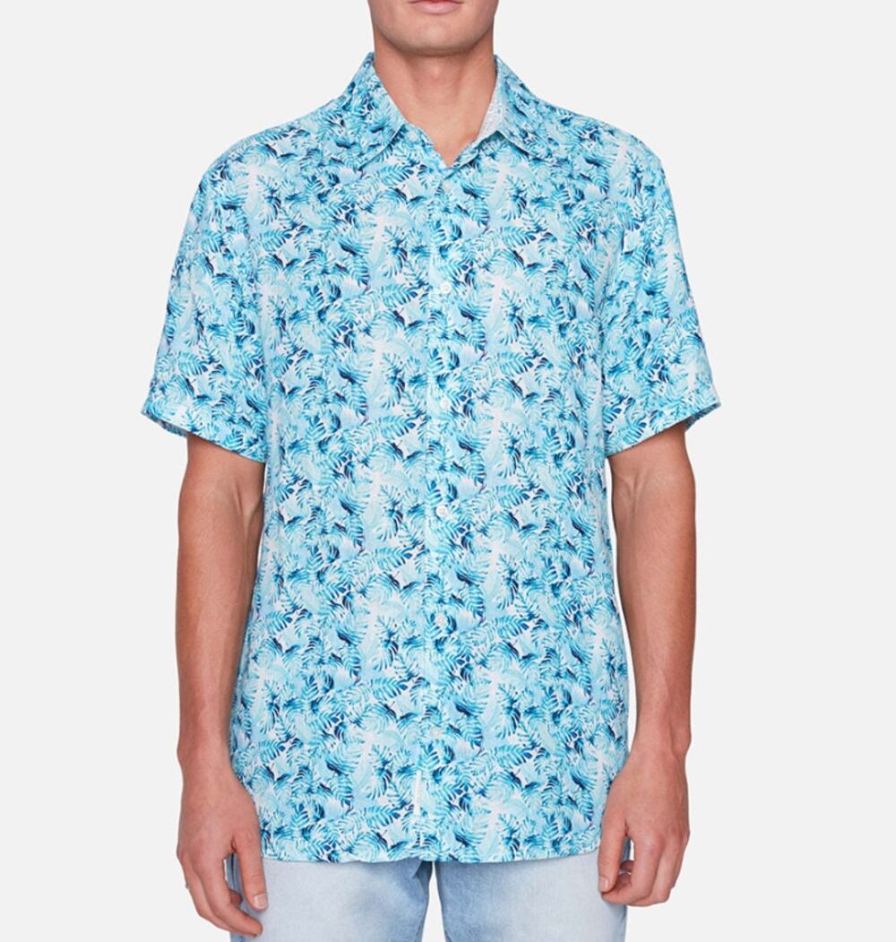 Projek Raw Linen Button Up Shirt Blue Tropical Short Sleeve Men's L
